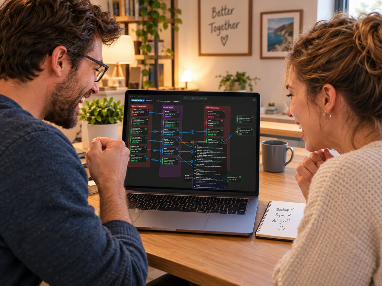 Zwei Menschen sitzen lachend vor einem Laptop, auf dem ein McSync-Board mit vielen Verbindungen zu sehen ist